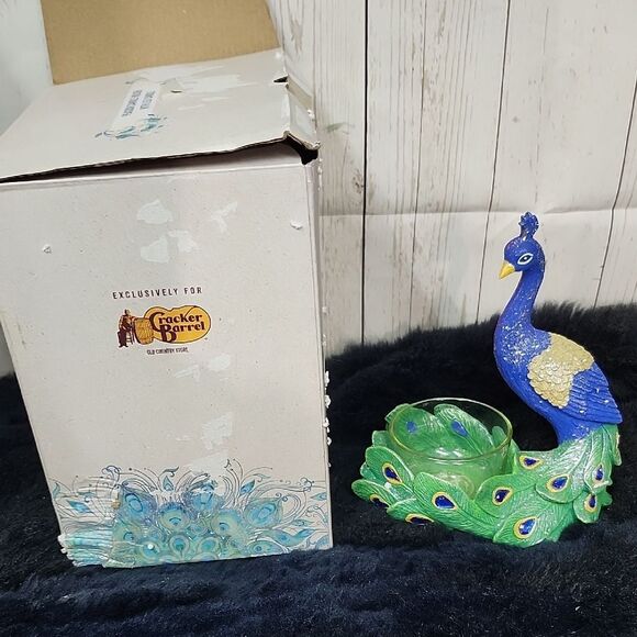 Cracker Barrel Blue and Green Peacock Candle Holder - Picture 1 of 6